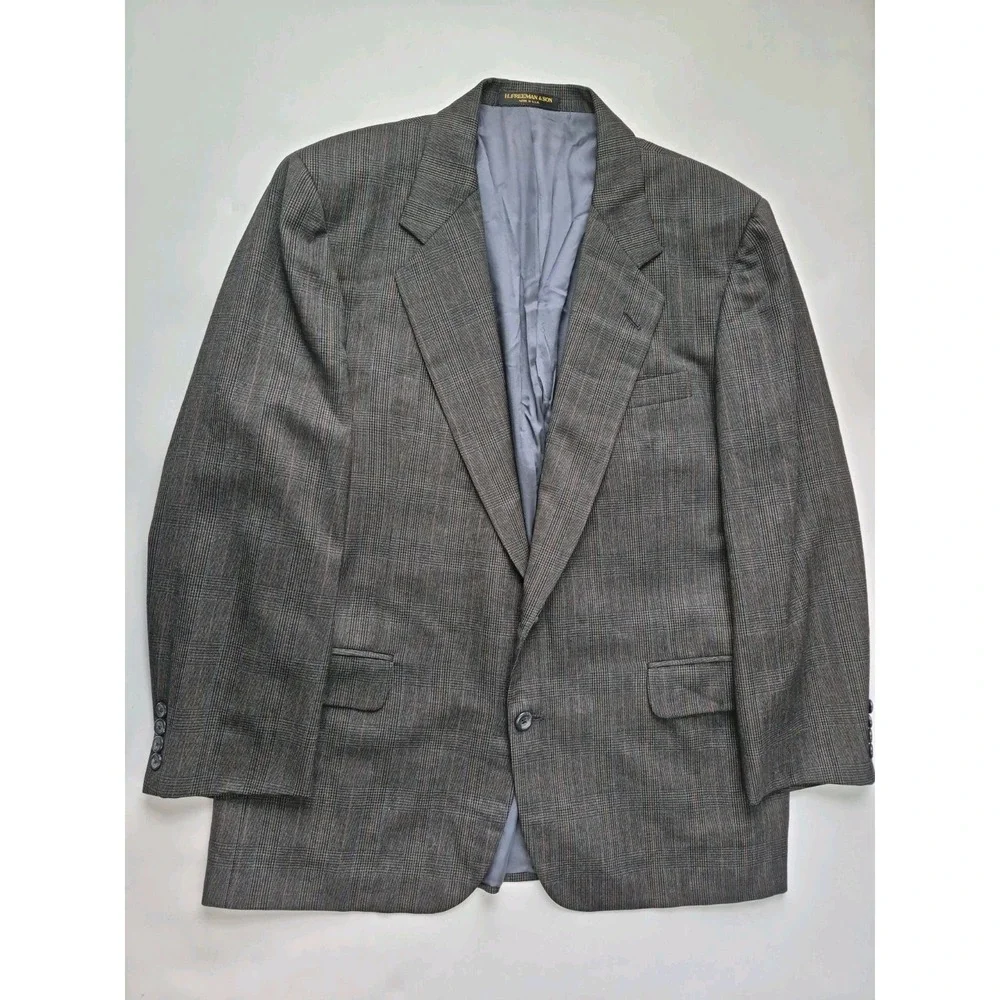 Hickey Freeman Mens Wool Sports Coat 43R Gray Plaid Vintage USA 2 Button Blazer